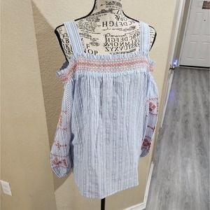 Rafaella cold shoulder embroidered floral‎ striped boho shirt size large